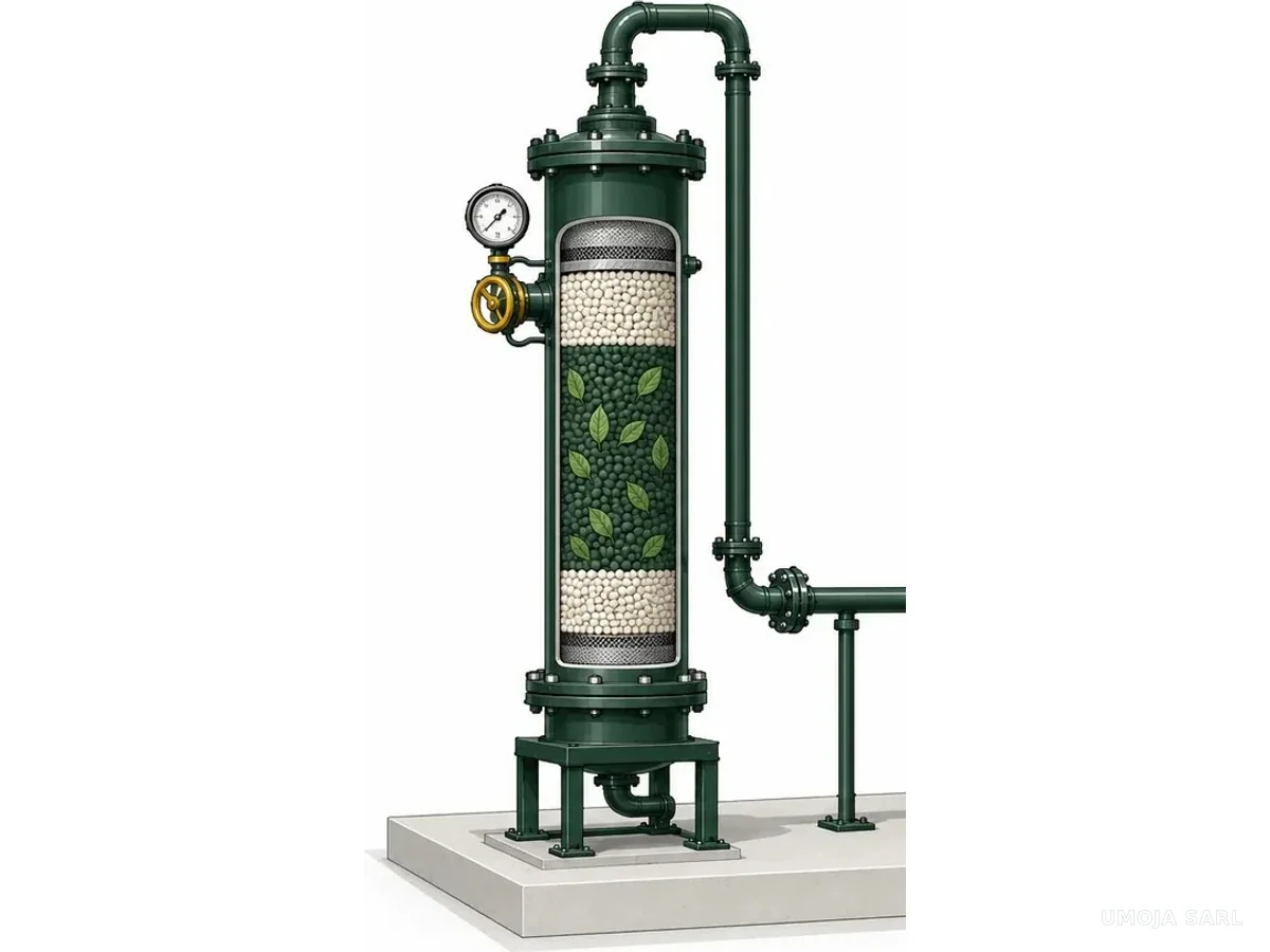 Unité verticale utilisée pour filtrer et purifier le biogaz brut