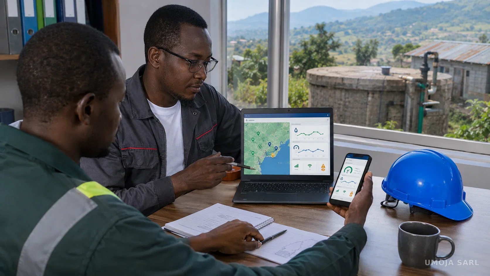 Illustration d’une équipe congolaise consultant BioCloud sur ordinateur et téléphone