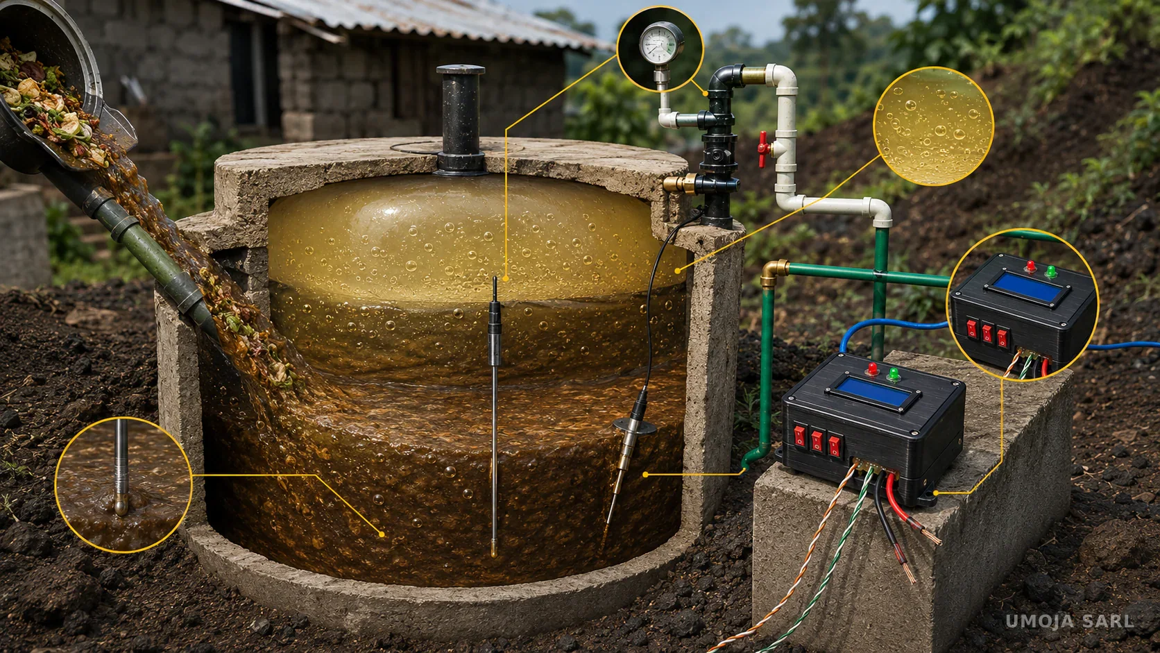 Illustration en coupe d’un biodigesteur connecté au prototype MotoBox