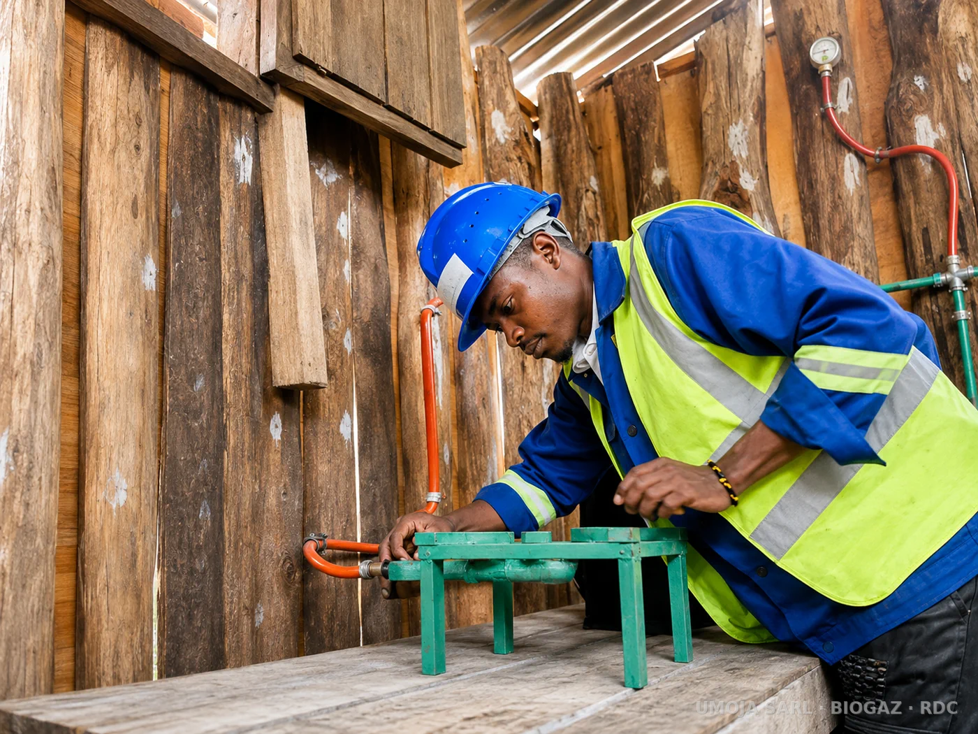Technicien UMOJA contrôlant un raccordement de biogaz