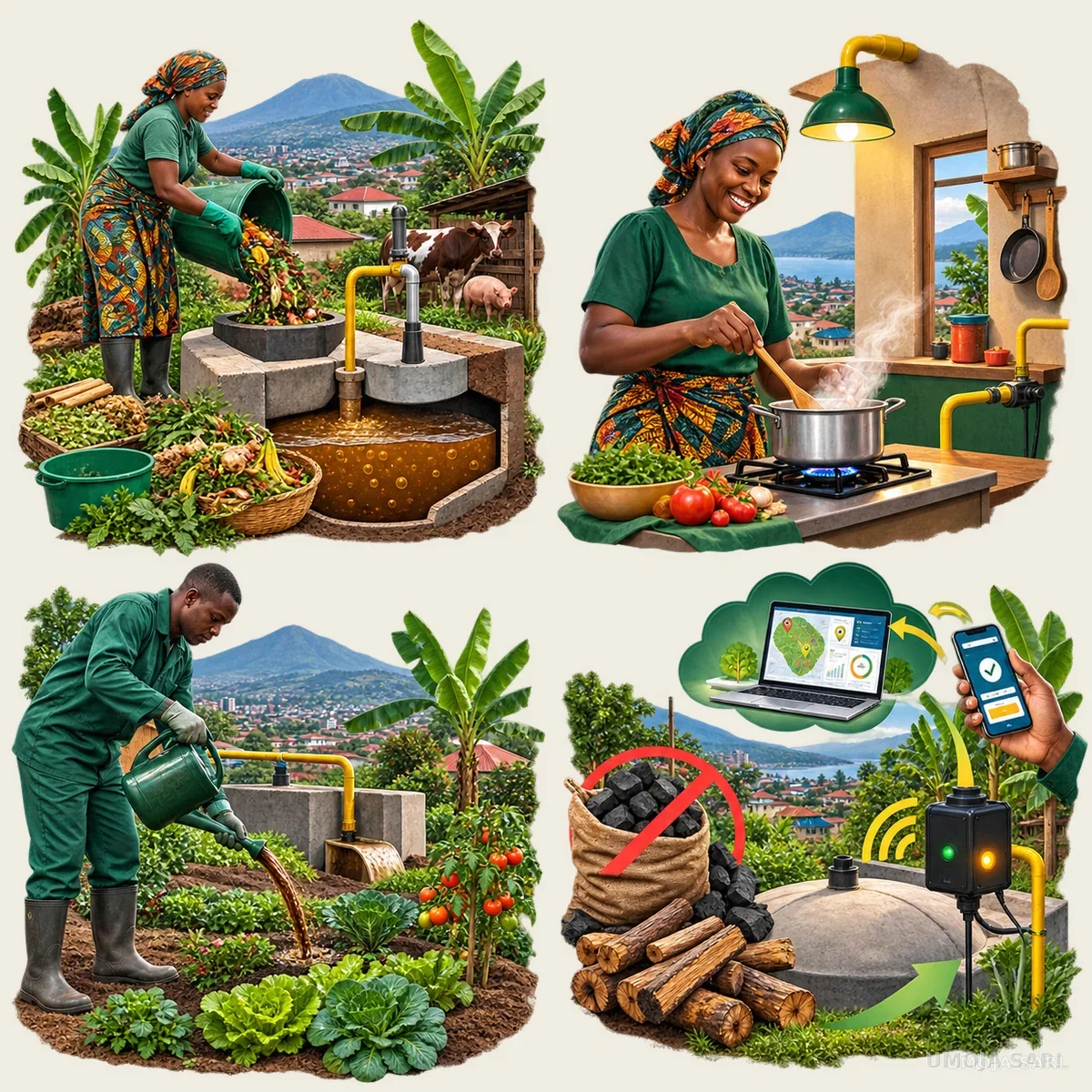 Illustration des quatre piliers UMOJA : énergie, agriculture, climat et technologie
