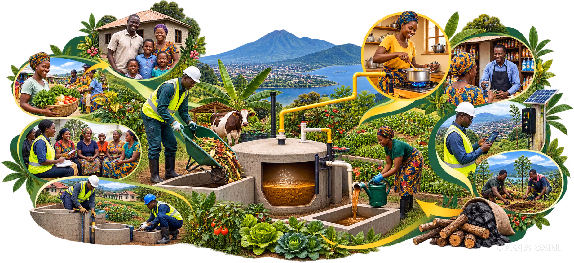 Illustration du système d’impact UMOJA reliant biodigestion, cuisson au biogaz, agriculture, activités économiques et communautés du Kivu